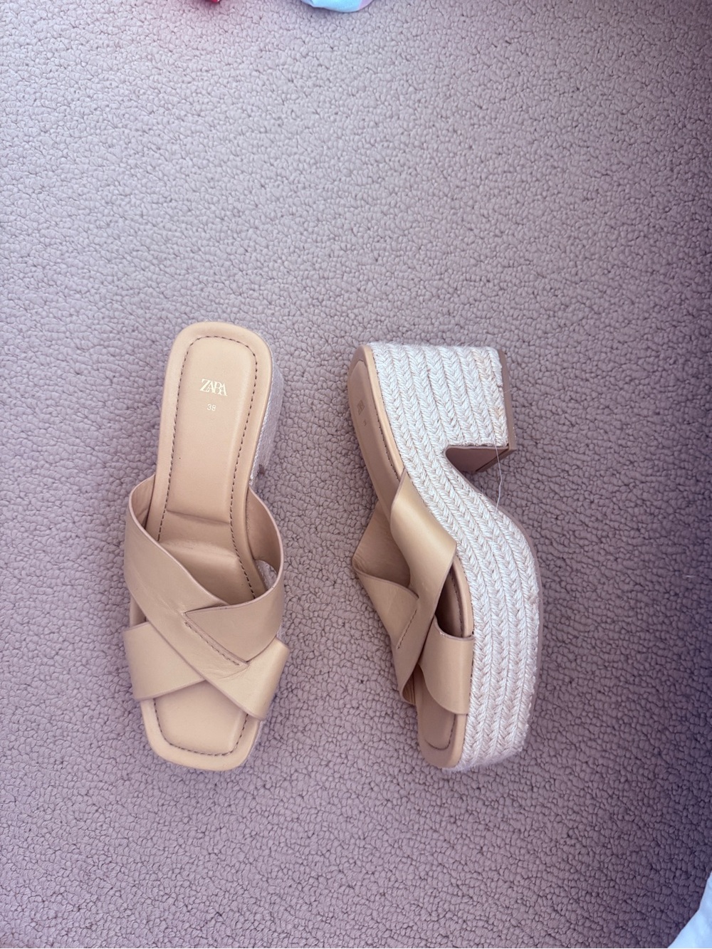 ZARA Beige Platform leather Slide Sandals
